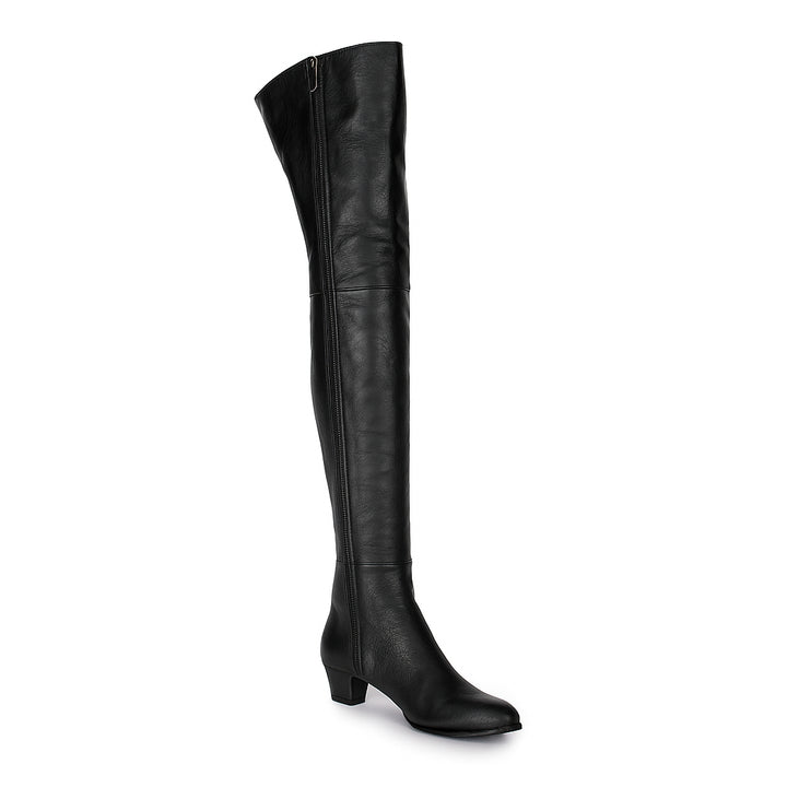 Thigh high boots with rivets and block heel (model 590) black leather