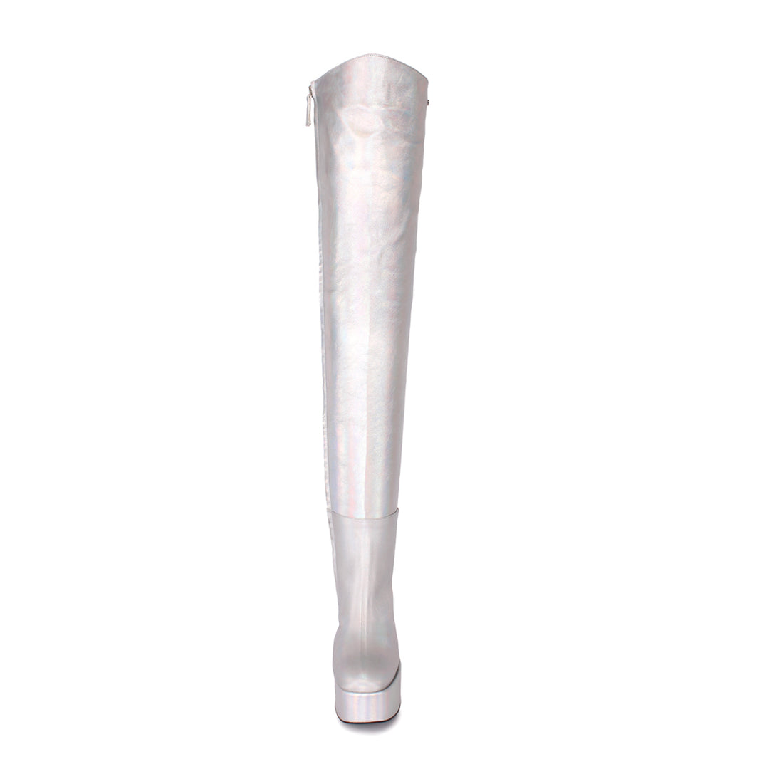 Thigh high boots 70s style (model 607) leather silver