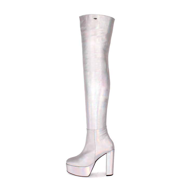 Thigh high boots 70s style (model 607) leather silver