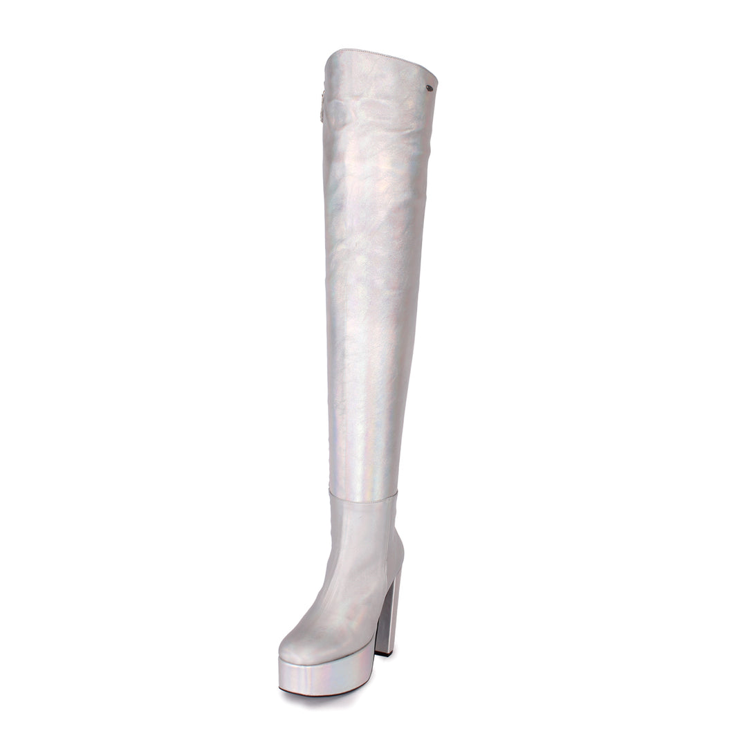 Thigh high boots 70s style (model 607) leather silver