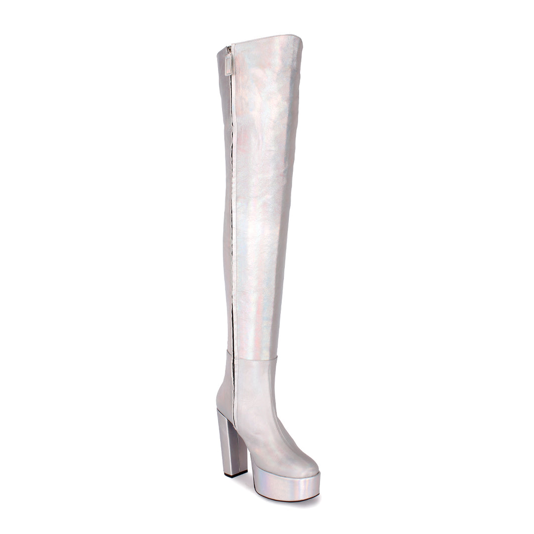 Thigh high boots 70s style (model 607) leather silver