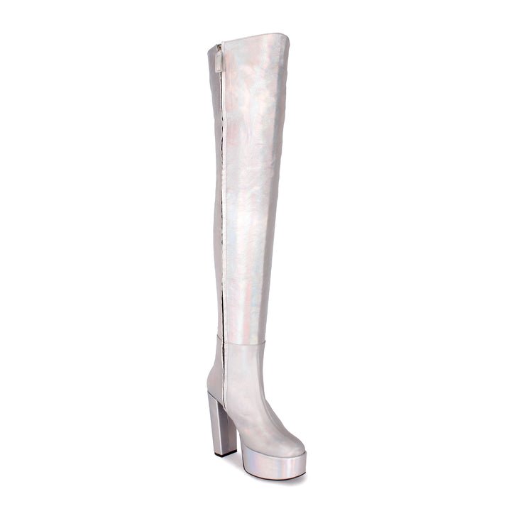Thigh high boots 70s style (model 607) leather silver