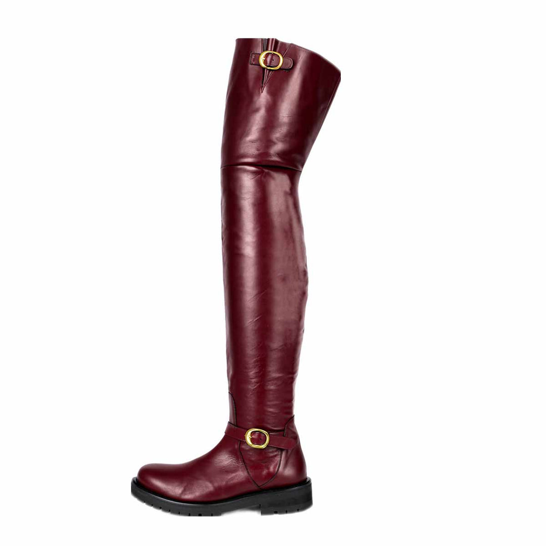 Flat thigh high boots with gold buckles (model 609) leather bordeaux