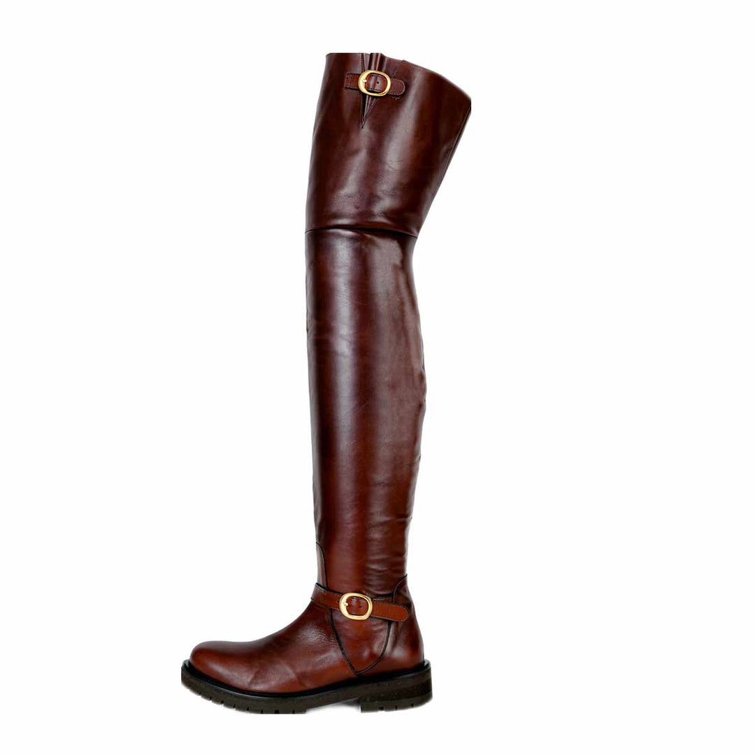 Flat thigh high boots with gold buckles (model 609) leather dark-brown