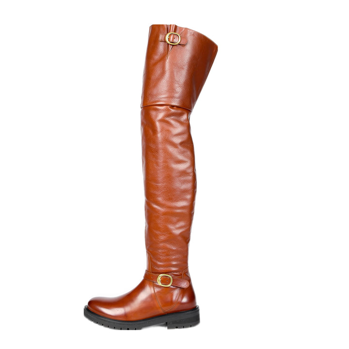 Botas planas con hebillas doradas (modelo 609) cuero coñac