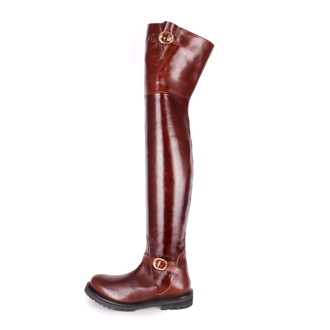 Flat thigh high boots with gold buckles (model 609) leather cognac