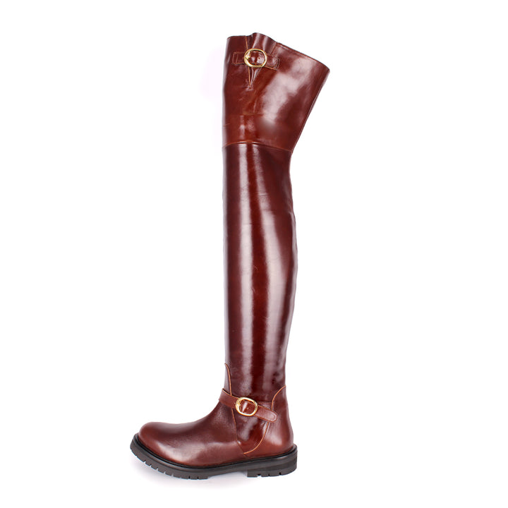 Flat thigh high boots with gold buckles (model 609) leather cognac