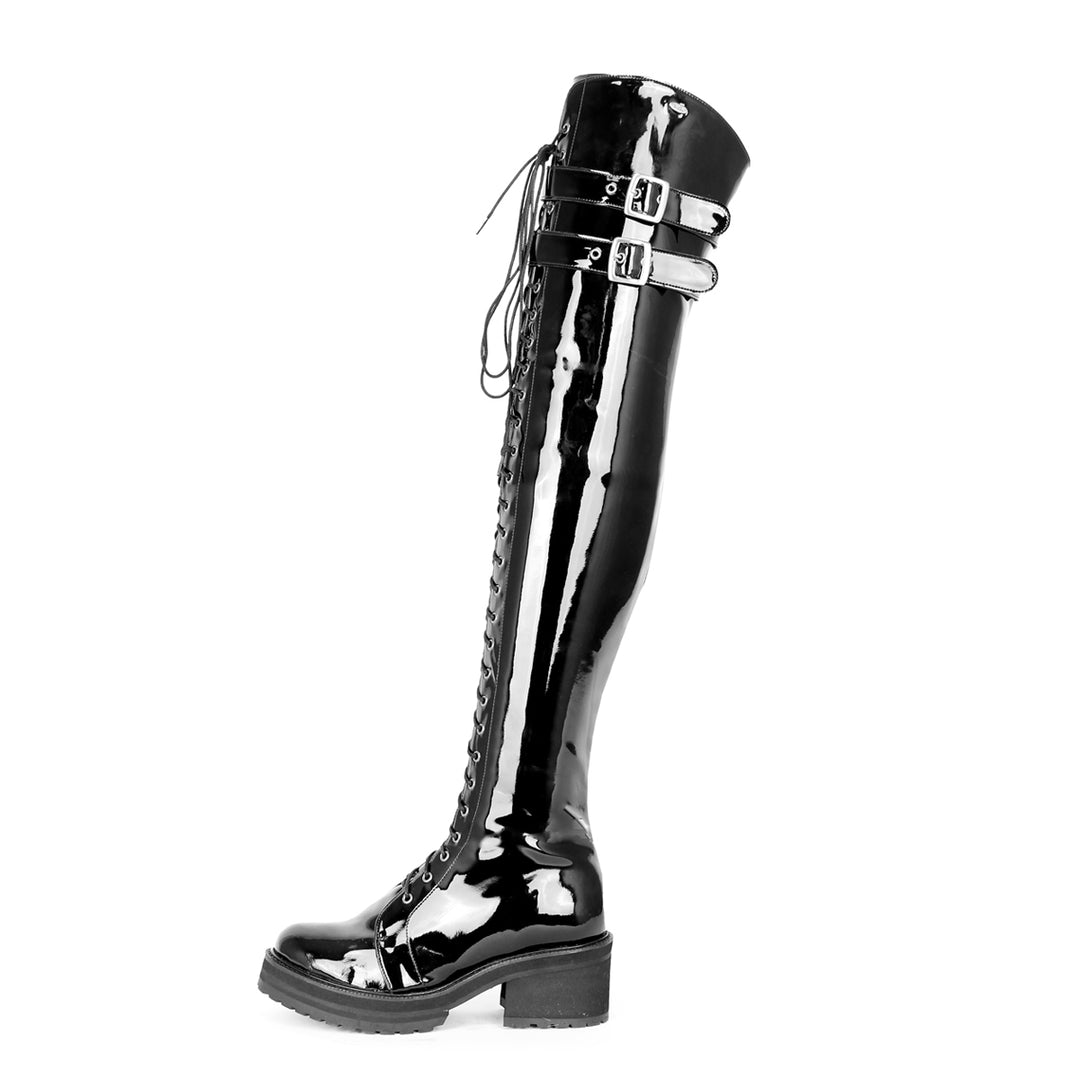Overkneestiefel im Combat/Gothic-Style (Modell 670) Vinyl schwarz
