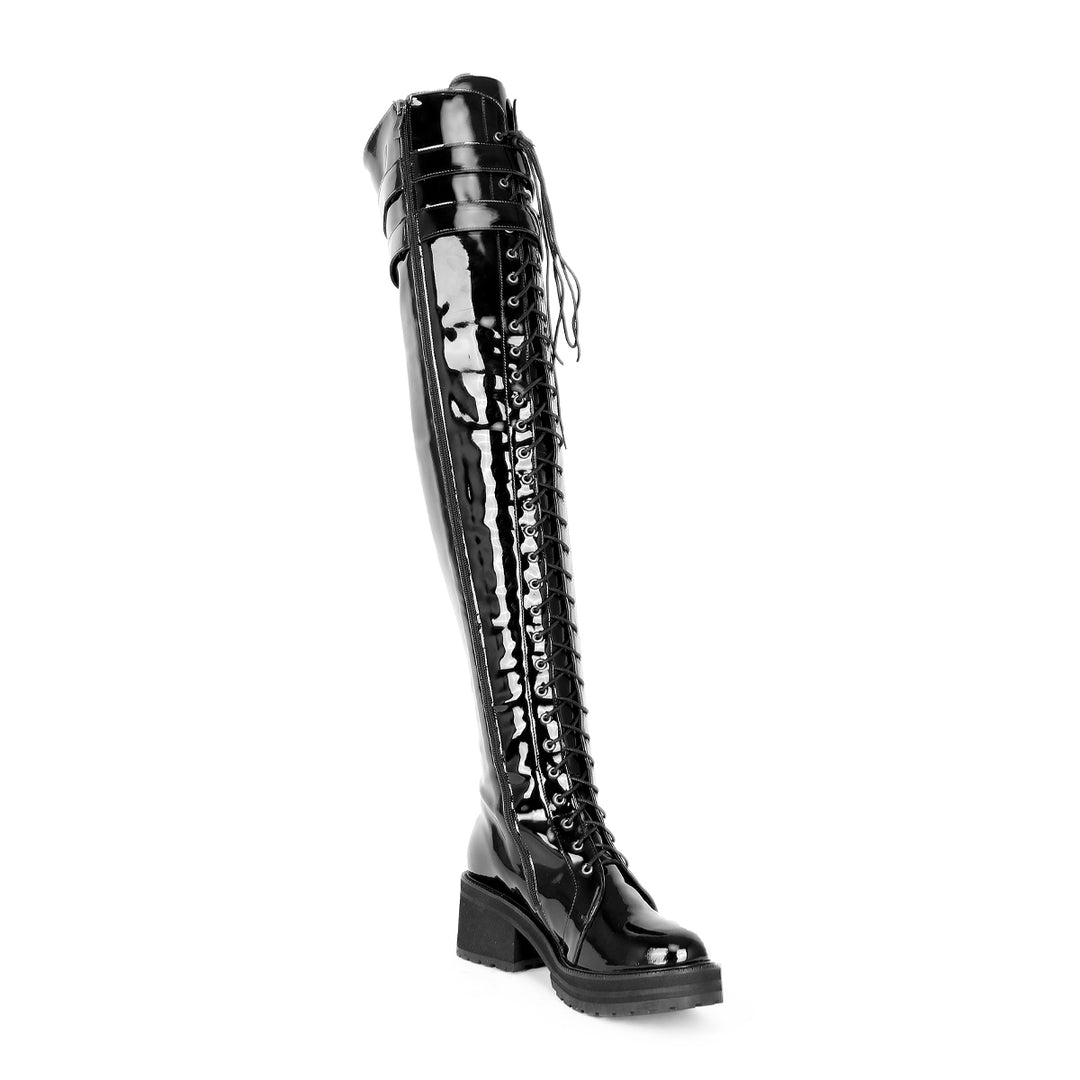 Overkneestiefel im Combat/Gothic-Style (Modell 670) Vinyl schwarz