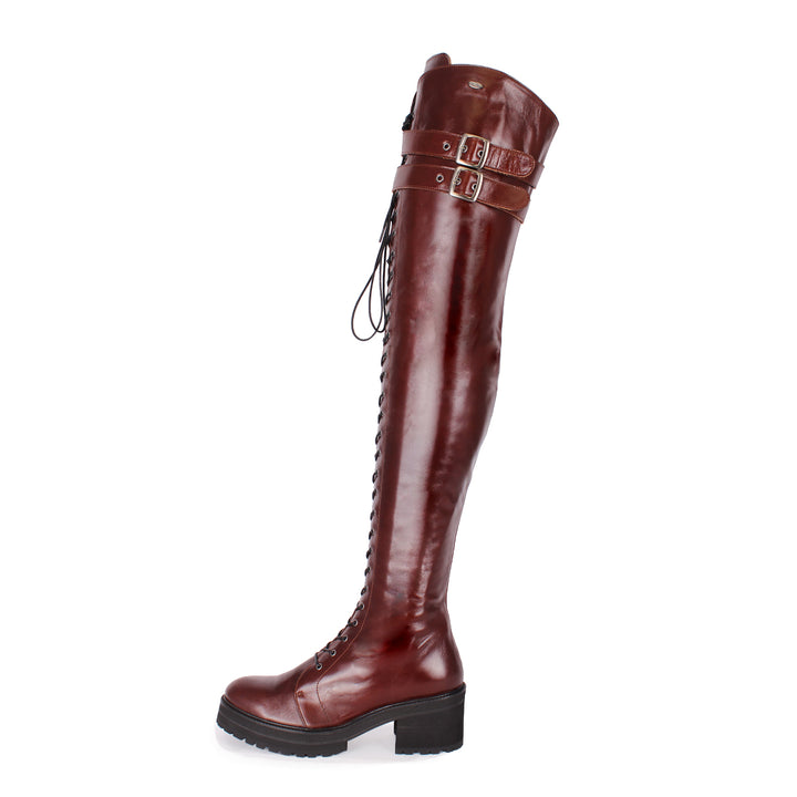 Cuissardes style combat/gothique (modèle 670) cuir marron foncé