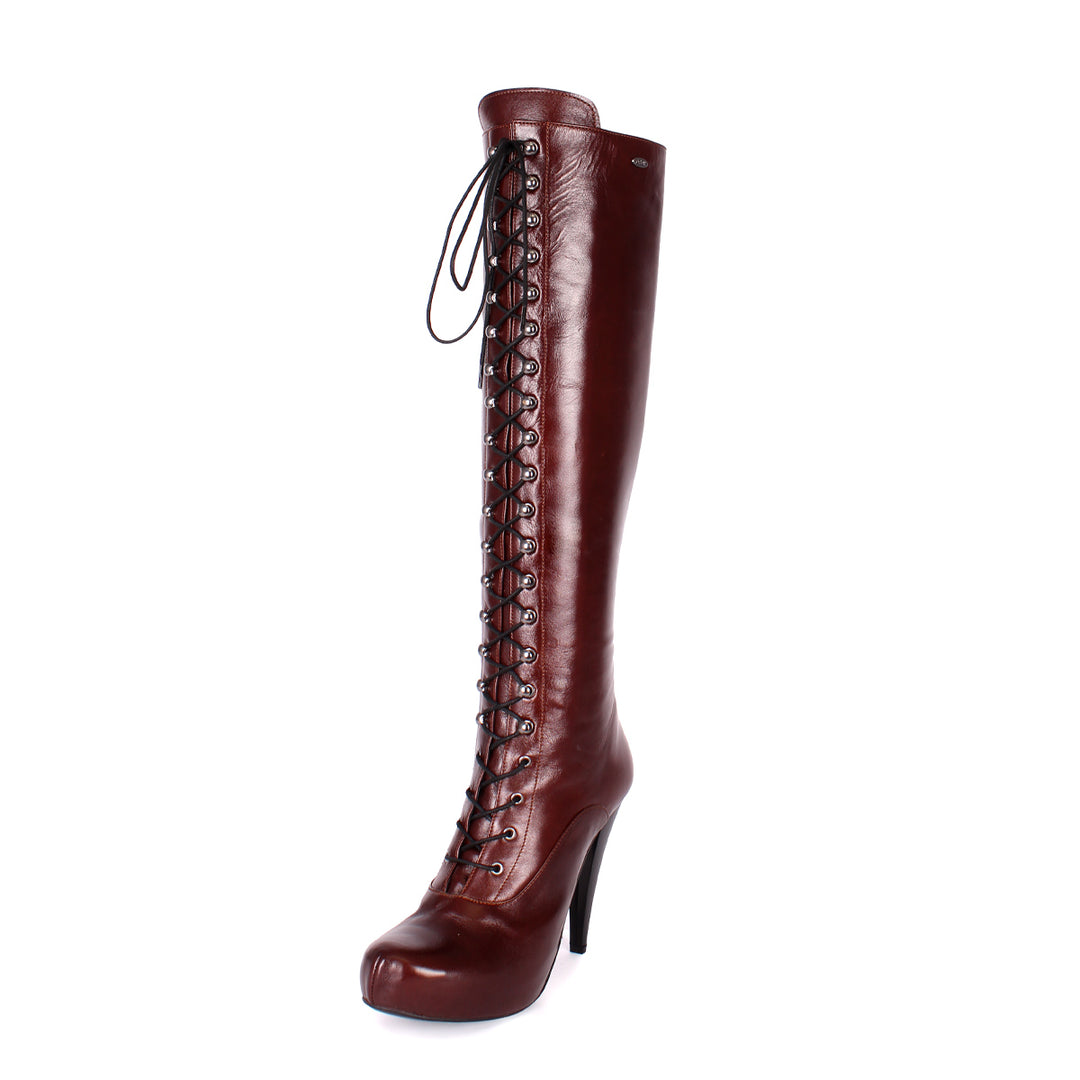 Knee-high boot with hook lacing (model 706) black dark brown