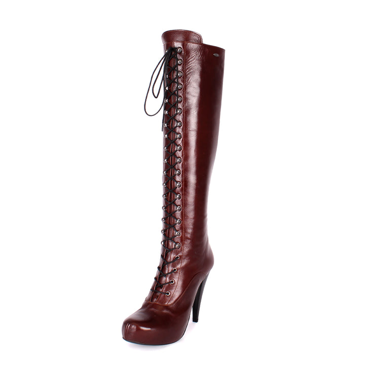Knee-high boot with hook lacing (model 706) black dark brown