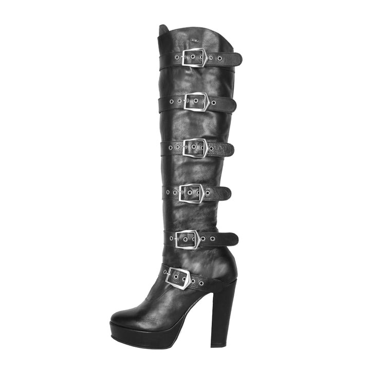 Knee-high boots with buckles and block heel (model 717) black leather