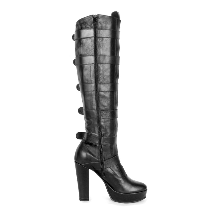 Knee-high boots with buckles and block heel (model 717) black leather