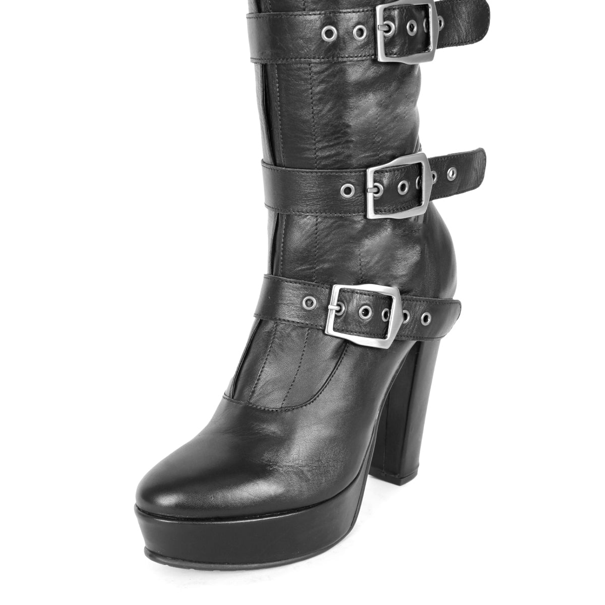 Knee high boots with buckles and block heel model 717 black leather