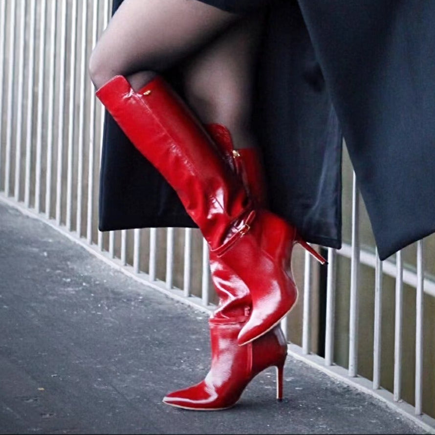 Polished leather knee high boot (model 740) patent leather oxblood