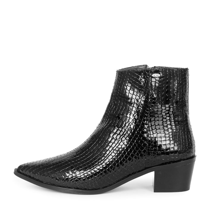 Spitze Stiefelette mit Blockabsatz (Modell 880) Reptilprint schwarz
