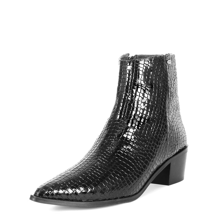 Spitze Stiefelette mit Blockabsatz (Modell 880) Reptilprint schwarz