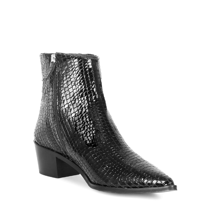 Spitze Stiefelette mit Blockabsatz (Modell 880) Reptilprint schwarz
