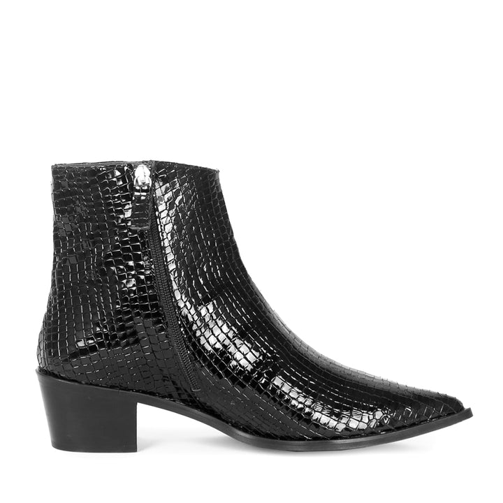 Spitze Stiefelette mit Blockabsatz (Modell 880) Reptilprint schwarz