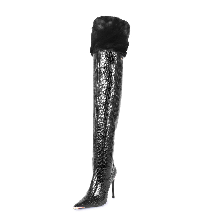 Cuissardes à bout métallique et bordure en fausse fourrure (modèle 960) cuir embossé noir