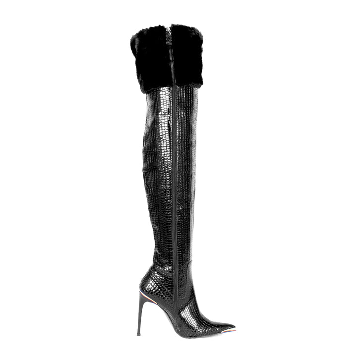 Cuissardes à bout métallique et bordure en fausse fourrure (modèle 960) cuir embossé noir