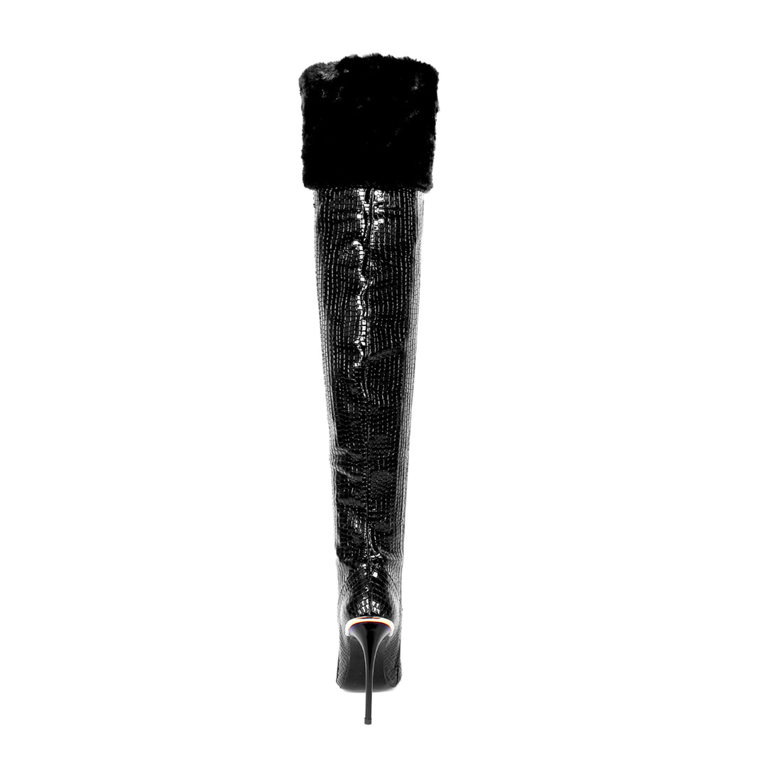 Cuissardes à bout métallique et bordure en fausse fourrure (modèle 960) cuir embossé noir