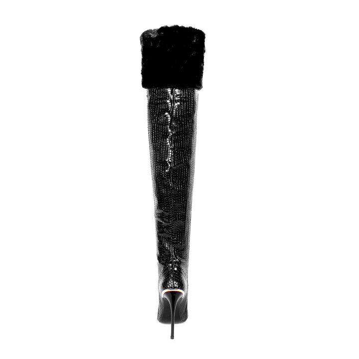 Cuissardes à bout métallique et bordure en fausse fourrure (modèle 960) cuir embossé noir