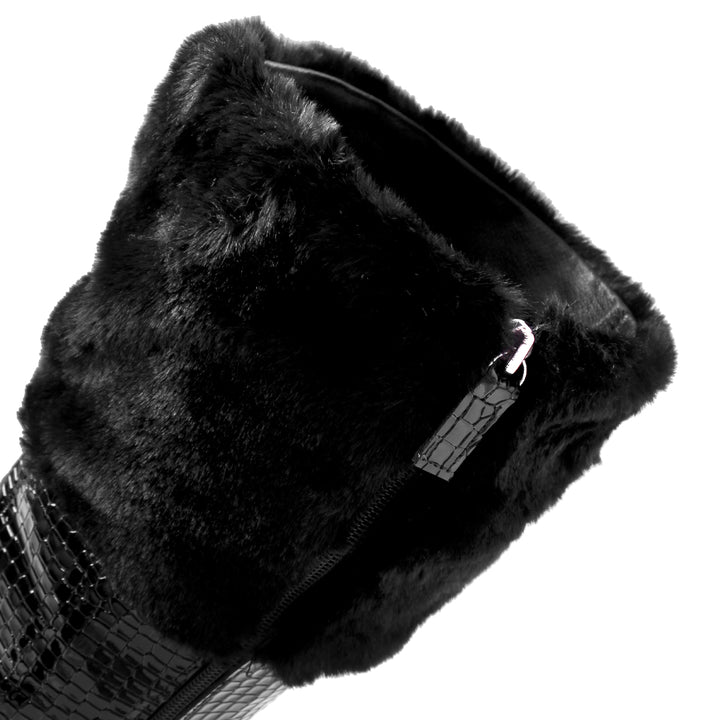 Cuissardes à bout métallique et bordure en fausse fourrure (modèle 960) cuir embossé noir