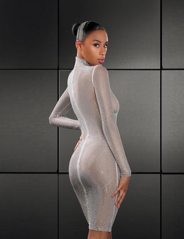 APHERO Stretchkleid aus Kristallmesh in silber