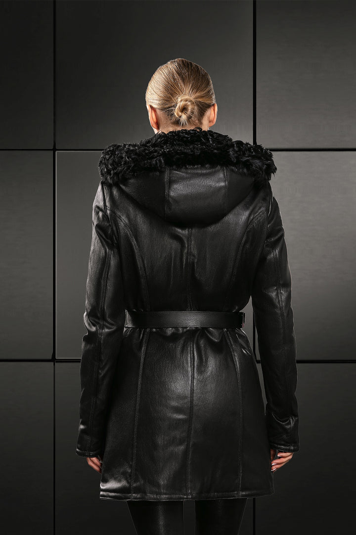 APHERO Jacke aus Stretchleder mit Kapuze mit Schaftsfellbesatz