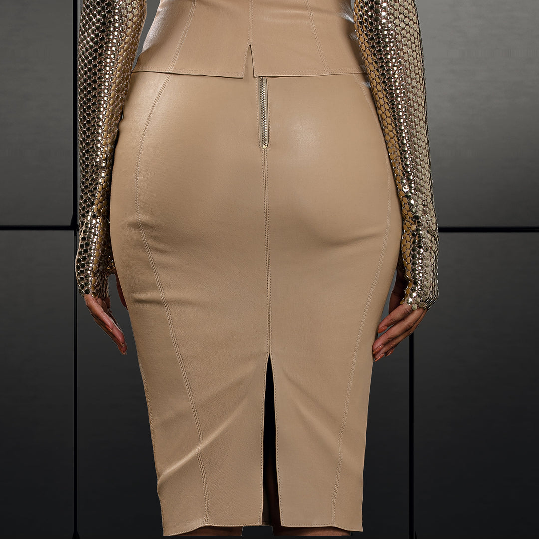 APHERO Jupe en cuir extensible avec fermetures éclair décoratives beige