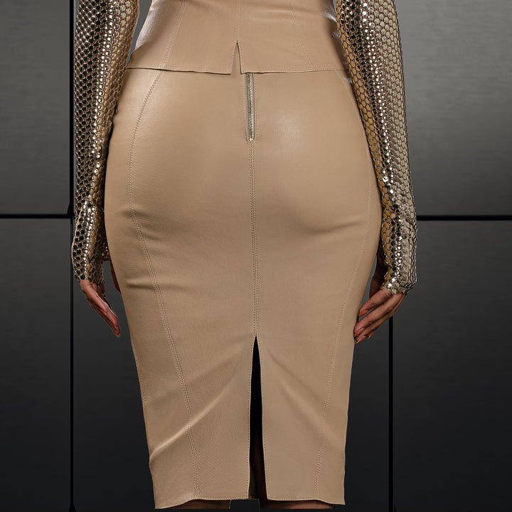 APHERO Jupe en cuir extensible avec fermetures éclair décoratives beige
