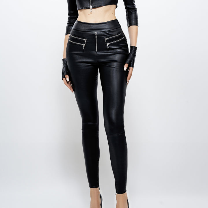 APHERO Leggings aus Stretchleder mit dekorativen Zippern