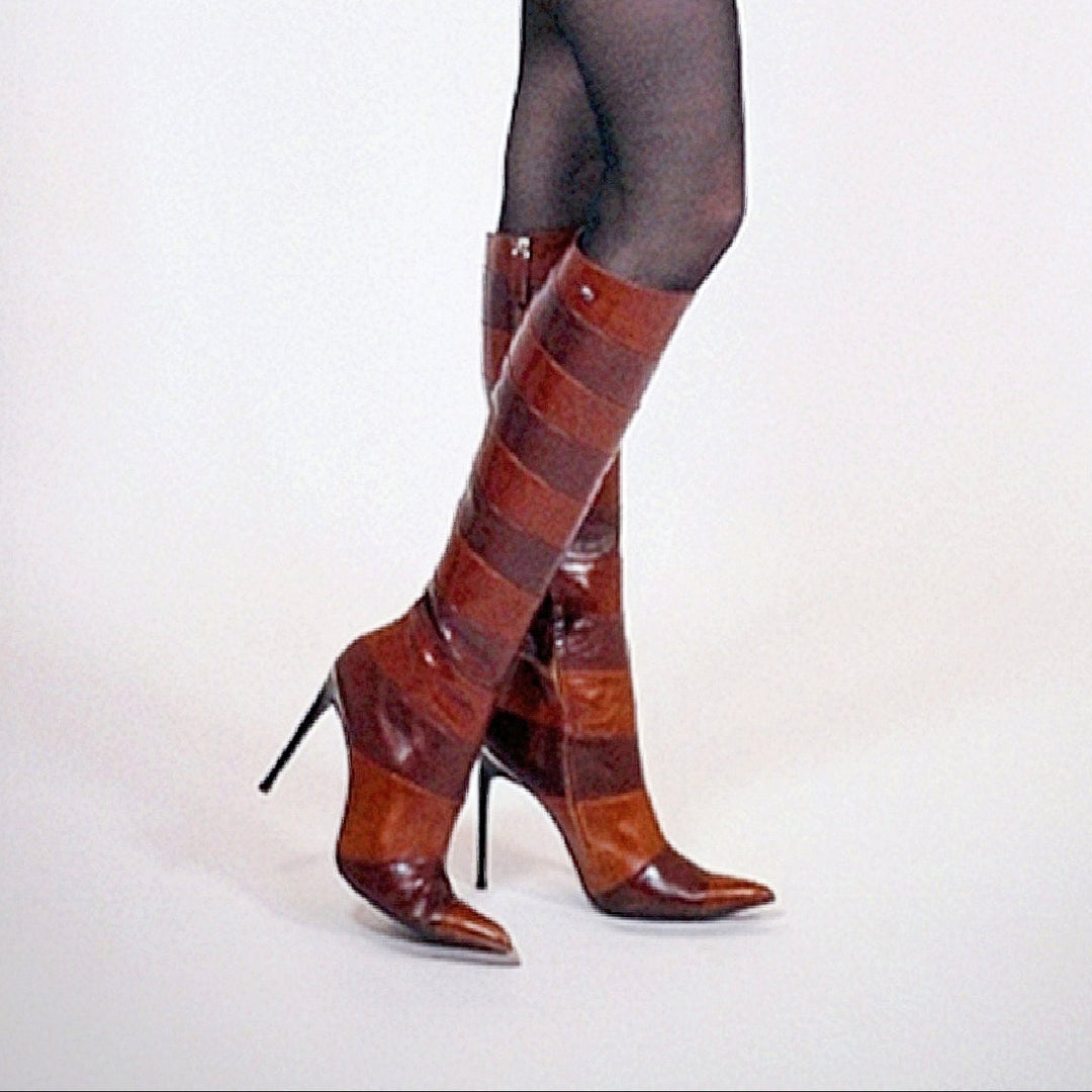 Knee-high boots in segmented leather (model 365) leather brown bicolor