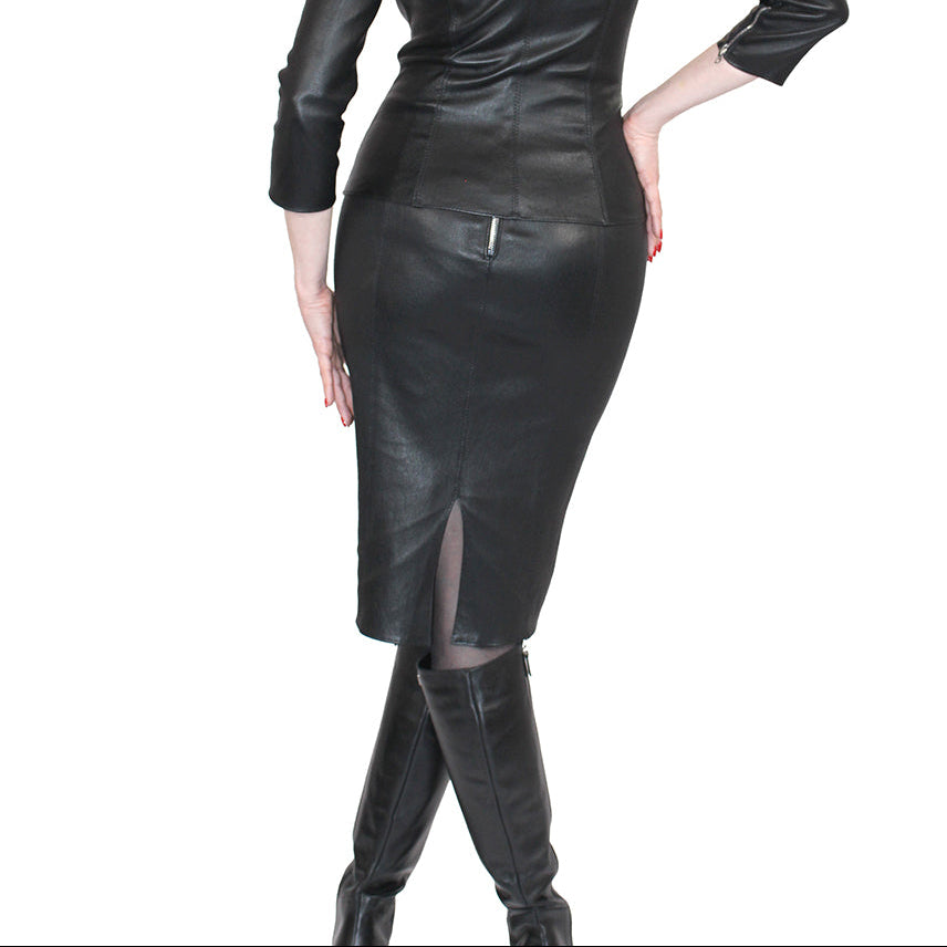 Rock aus Stretchleder knielang