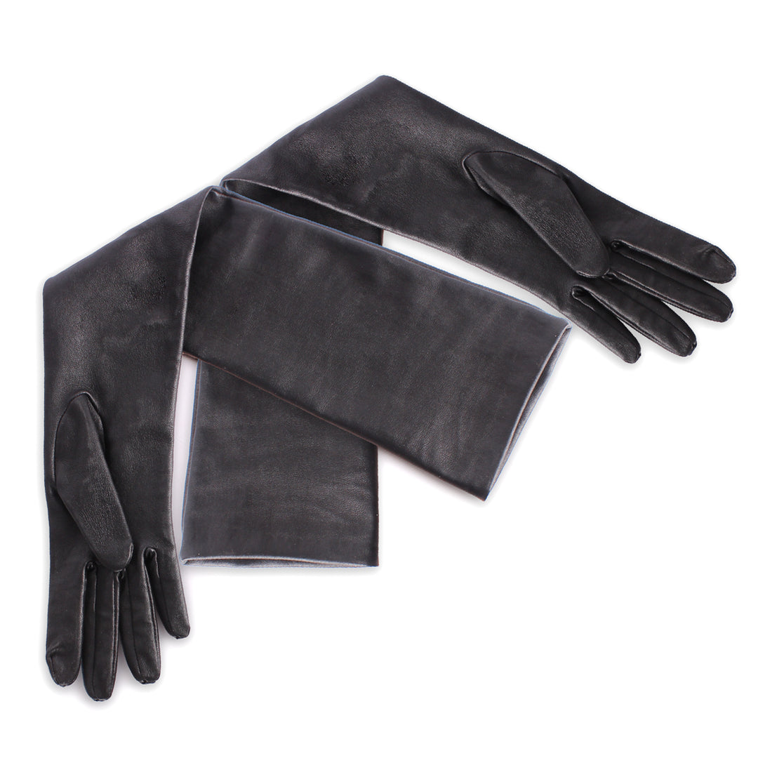 Guantes de gala de cuero elástico hasta el codo (modelo 202) negro