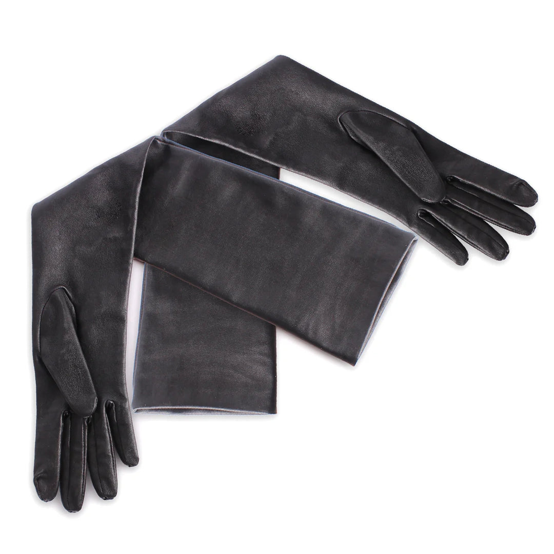 Guantes de gala de cuero elástico hasta el codo (modelo 202) negro
