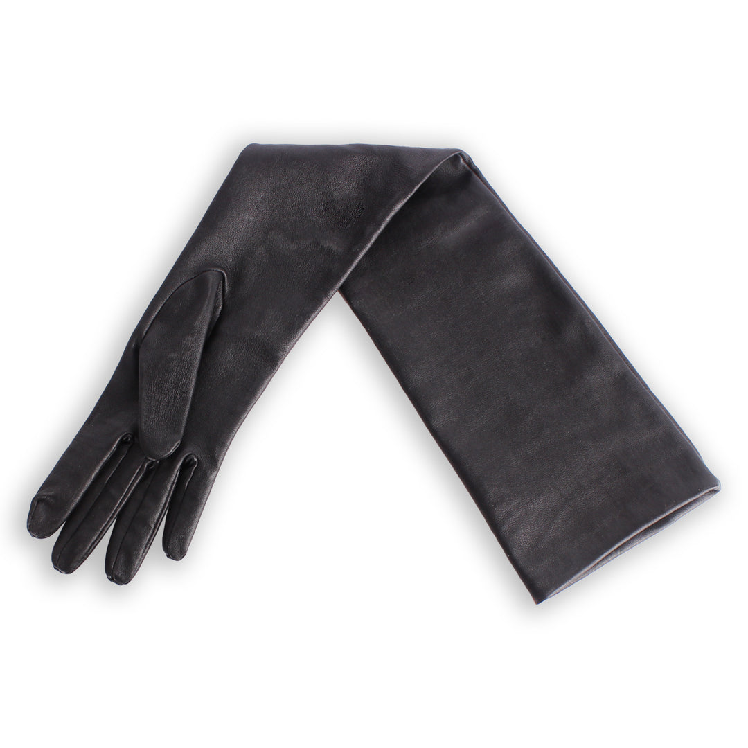 Guantes de gala de cuero elástico hasta el codo (modelo 202) negro