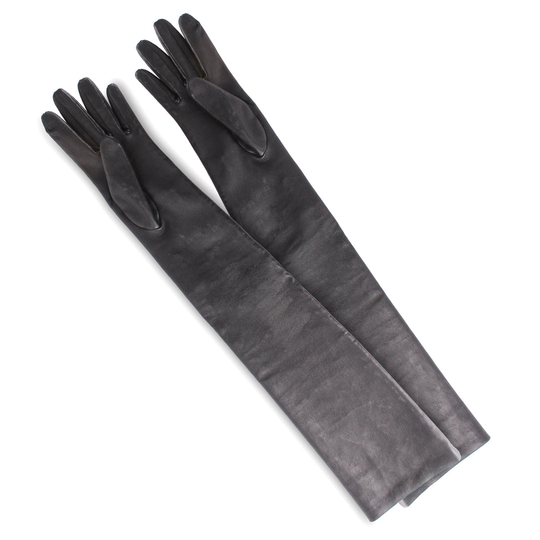 Guantes de gala de cuero elástico hasta el codo (modelo 202) negro