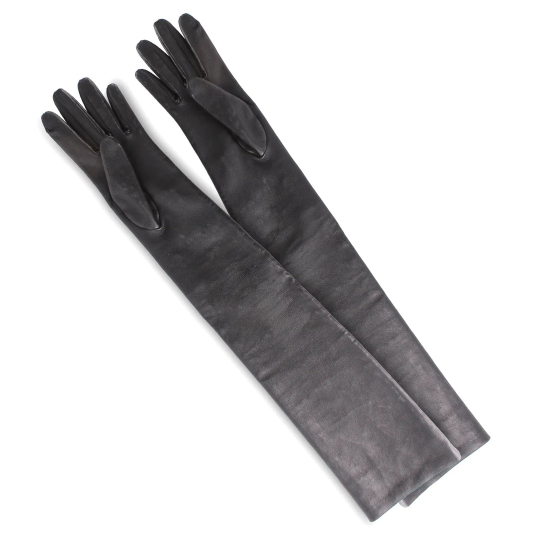 Guantes de gala de cuero elástico hasta el codo (modelo 202) negro