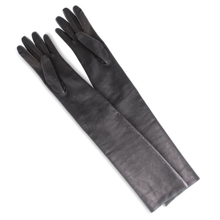 Guantes de gala de cuero elástico hasta el codo (modelo 202) negro