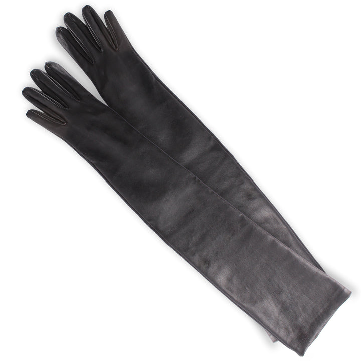 Guantes de gala de cuero elástico hasta el codo (modelo 202) negro