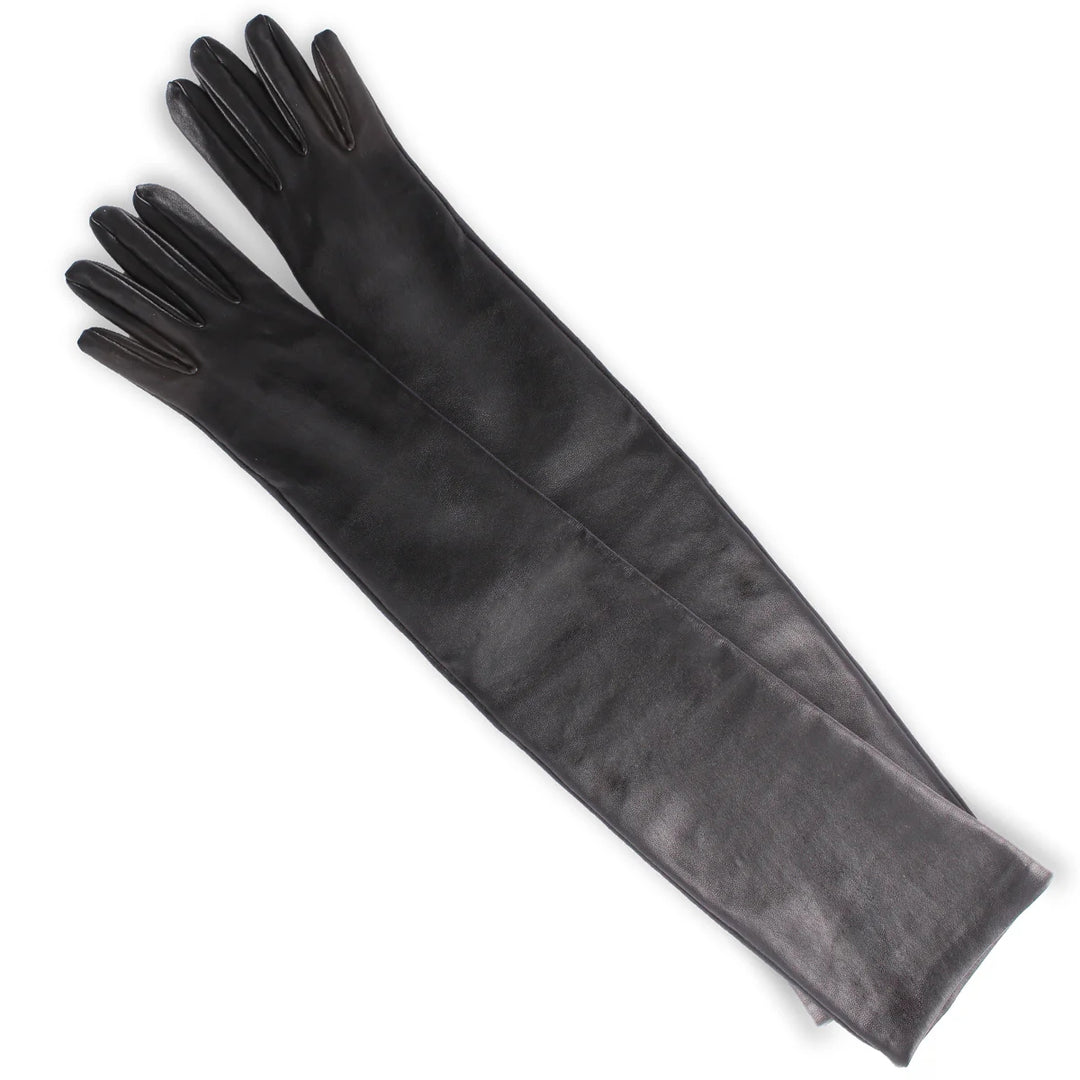 Guantes de gala de cuero elástico hasta el codo (modelo 202) negro