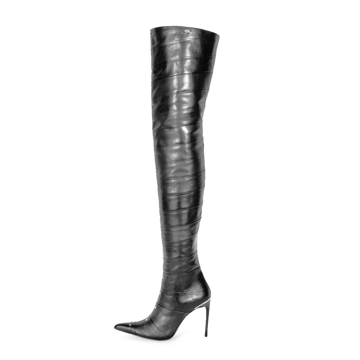 Cuissardes en cuir segmenté et talons aiguilles (modèle 160) cuir noir
