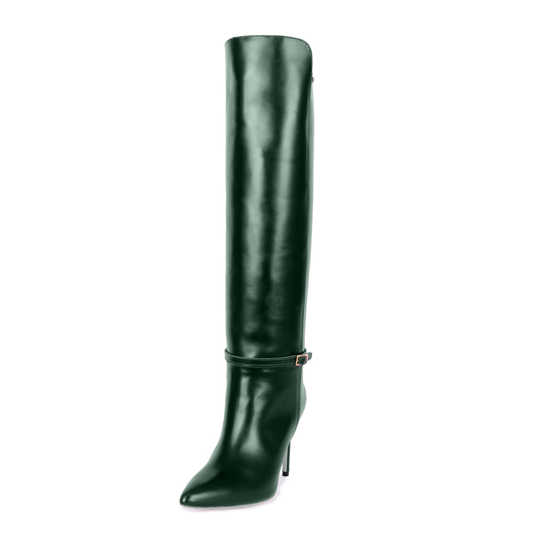 Polished leather knee high boot (model 740) Leather darkbrown