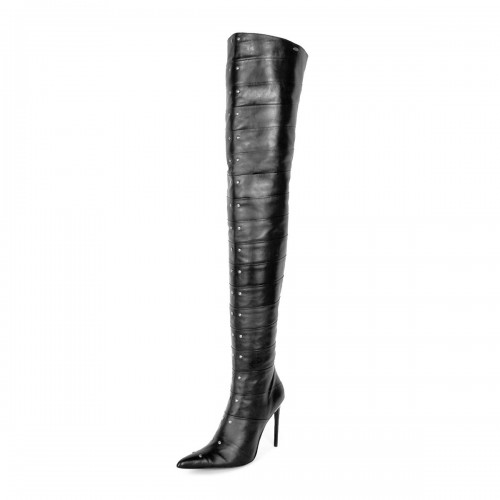Thigh high boots in segmented leather and stiletto heels made-to-measure